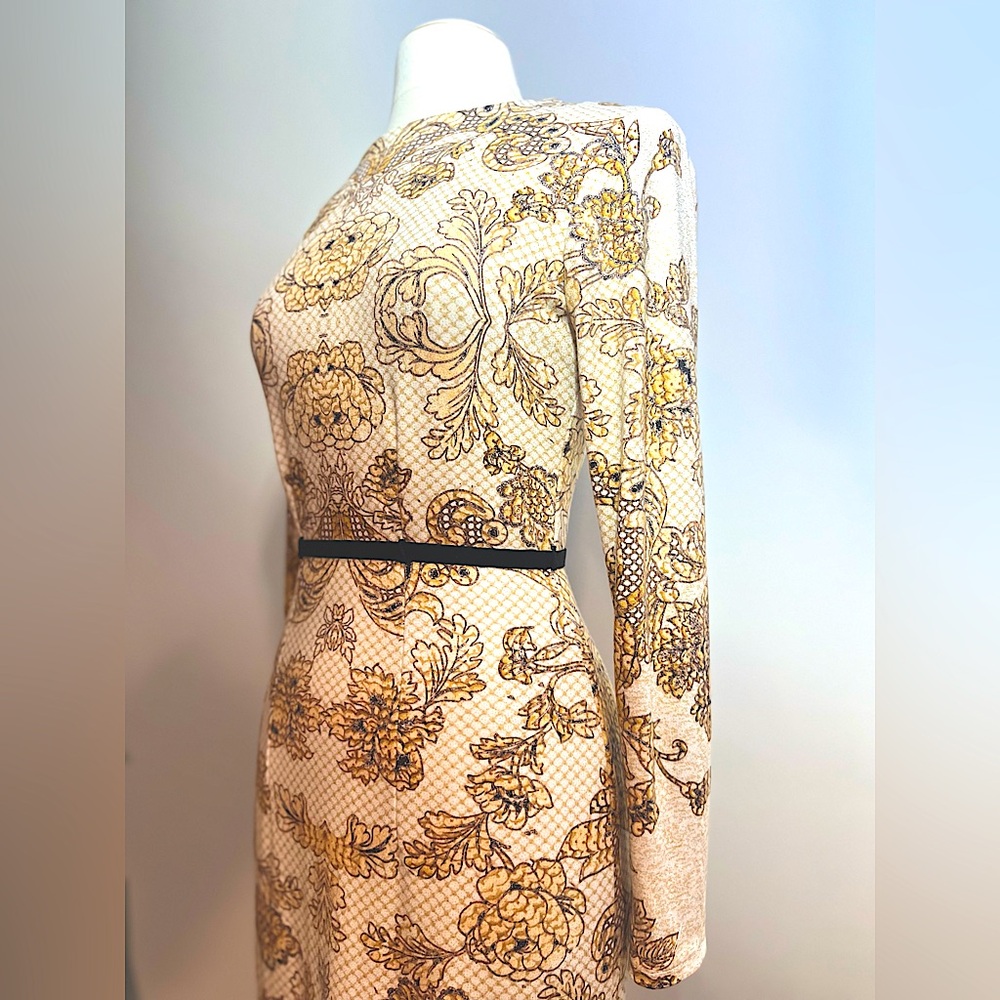 TIFFANYSLABEL IVORY/GOLD/BLACK VINTAGE STYLE DRESS WITH BLACK EMBROIDERED TRIM